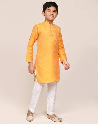 Kids boy yellow pure silk blend straight kurta pant set 2