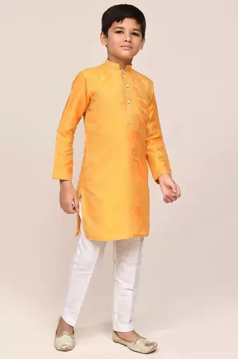 Kids boy yellow pure silk blend straight kurta pant set