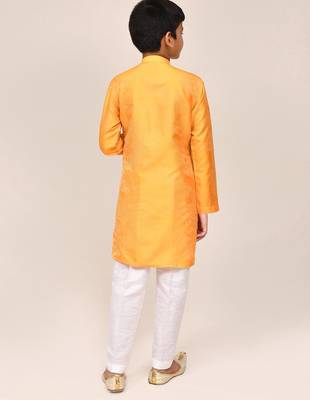 Kids boy yellow pure silk blend straight kurta pant set 3