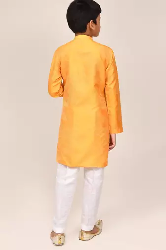 Kids boy yellow pure silk blend straight kurta pant set