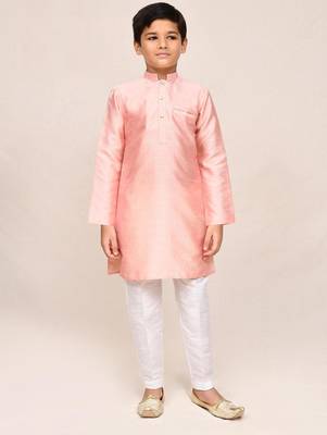 Kids boy peach silk blend straight kurta pant set 1