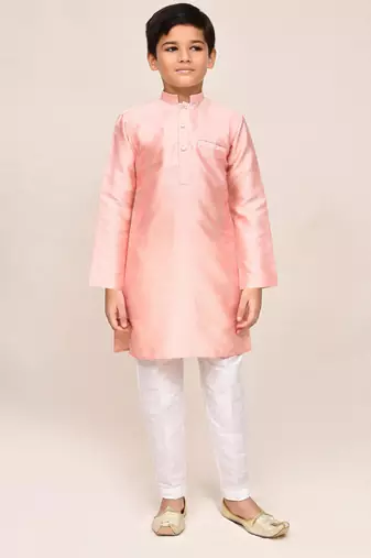Kids boy peach silk straight kurta pant set