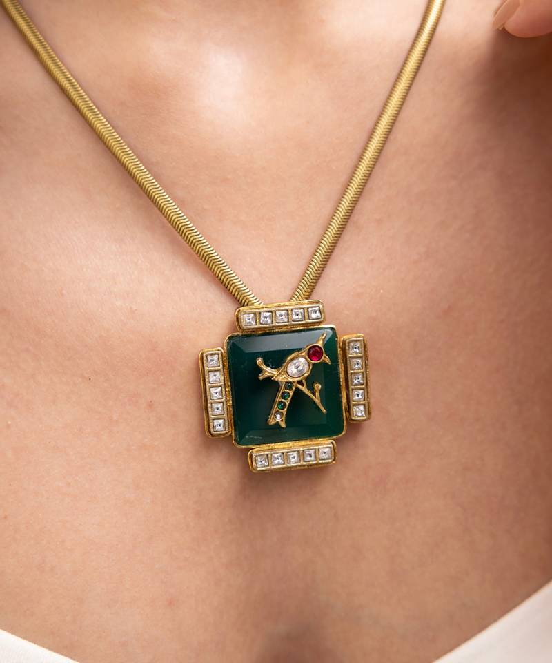 Gold plated green stone kundan necklace