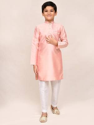 Kids boy peach silk blend straight kurta pant set 2