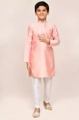 Kids boy peach silk blend straight kurta pant set