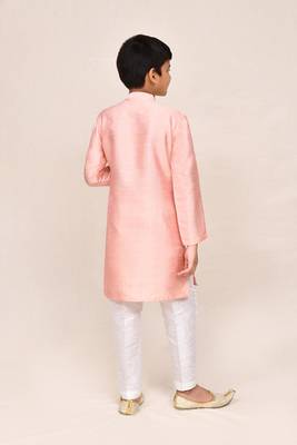 Kids boy peach silk blend straight kurta pant set 3