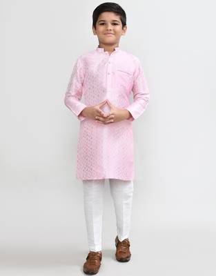Kids boy pink cotton silk blend straight kurta pant set 1