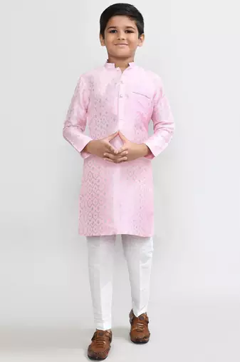 Kids boy pink cotton silk  straight kurta pant set