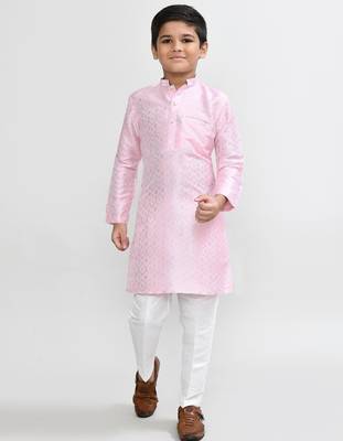 Kids boy pink cotton silk blend straight kurta pant set 2
