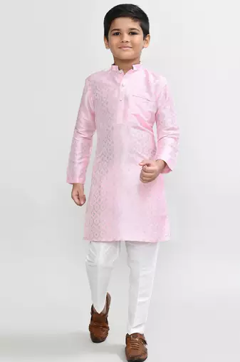Kids boy pink cotton silk blend straight kurta pant set