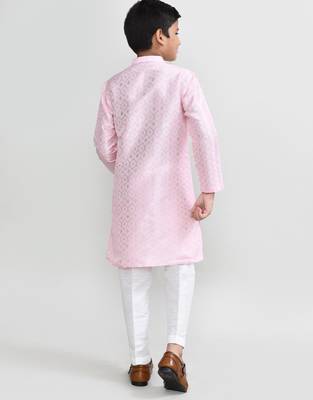 Kids boy pink cotton silk blend straight kurta pant set 3