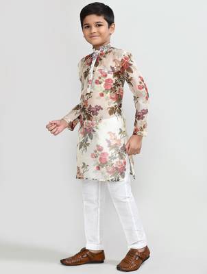 Kids boy musturd grorgette straight kurta pant set 2