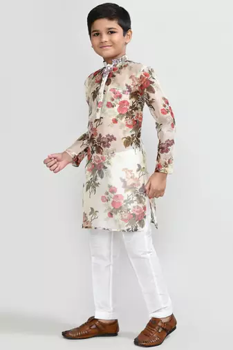 Kids boy musturd grorgette straight kurta pant set
