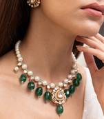 Gold plated green stone kundan necklace set
