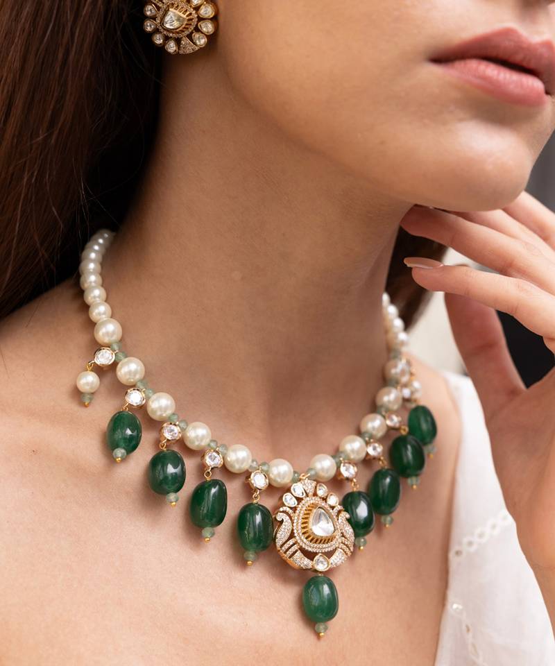 Gold plated green stone kundan necklace set
