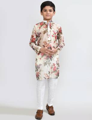 Kids boy musturd grorgette straight kurta pant set 1