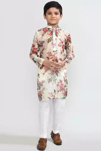 Kids boy musturd grorgette  straight kurta pant set