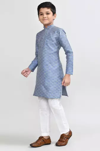 Kids boy blue art silk straight kurta pant set