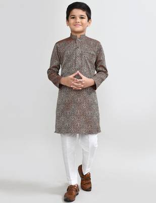 Kids boy maroon imported jacquard straight kurta pant set 1