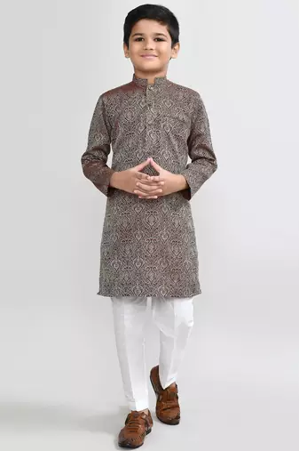 Kids boy maroon imported jacquard straight kurta pant set