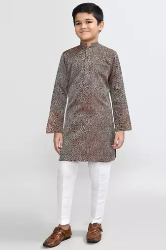 Kids boy maroon imported jacquard straight kurta pant set