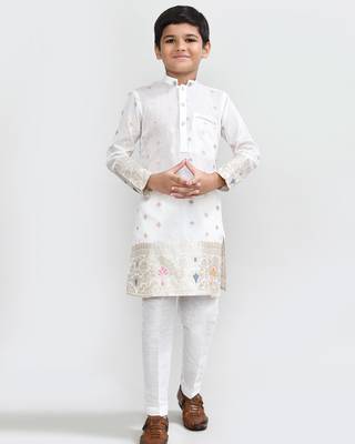 Kids boy white jacquard silk blend straight kurta pant set 1