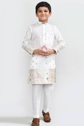 Kids boy white jacquard silk straight kurta pant set