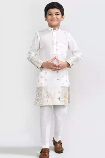 Kids boy white jacquard silk straight kurta pant set
