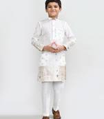 Kids boy white jacquard silk straight kurta pant set