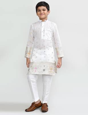 Kids boy white jacquard silk blend straight kurta pant set 2