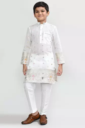 Kids boy white jacquard silk blend straight kurta pant set