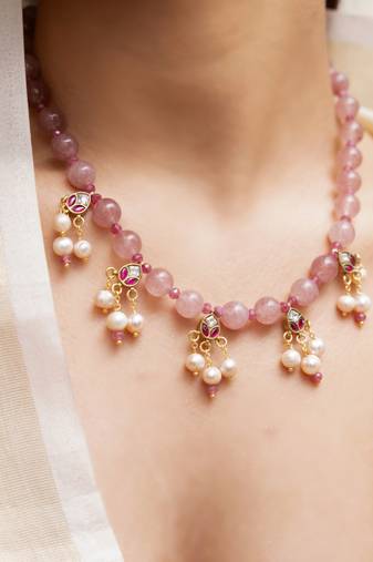 gold plated pink stone necklace