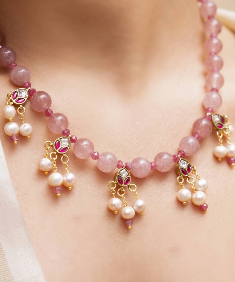 gold plated pink stone necklace