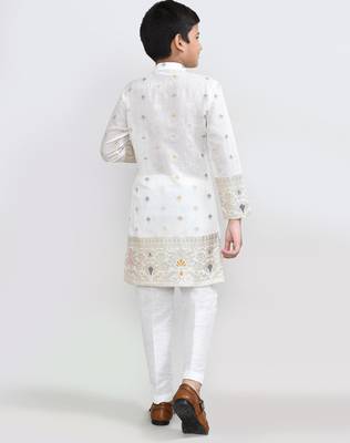 Kids boy white jacquard silk blend straight kurta pant set 3