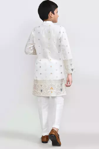 Kids boy white jacquard silk blend straight kurta pant set