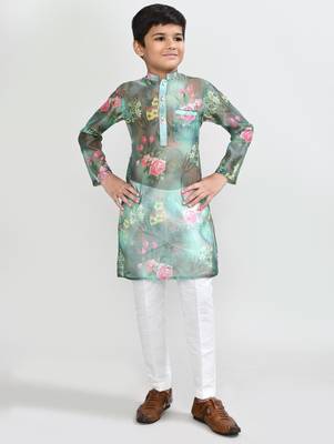 Kids boy green grorgette straight kurta pant set 1