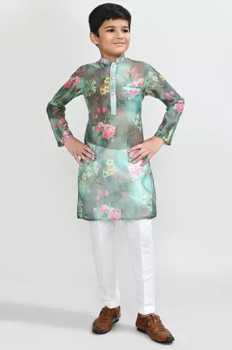 Kids boy green grorgette straight kurta pant set