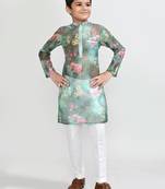 Kids boy green grorgette straight kurta pant set