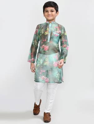 Kids boy green grorgette straight kurta pant set 3