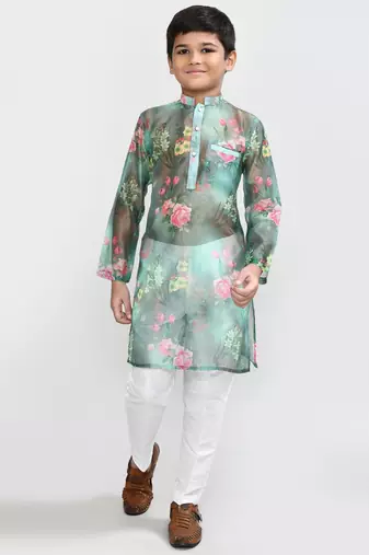 Kids boy green grorgette straight kurta pant set