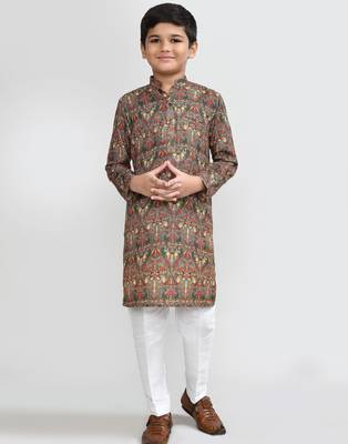 Kids boy Brown cotton straight kurta pant set 1