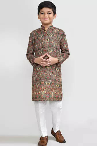 Kids boy Brown cotton straight kurta pant set