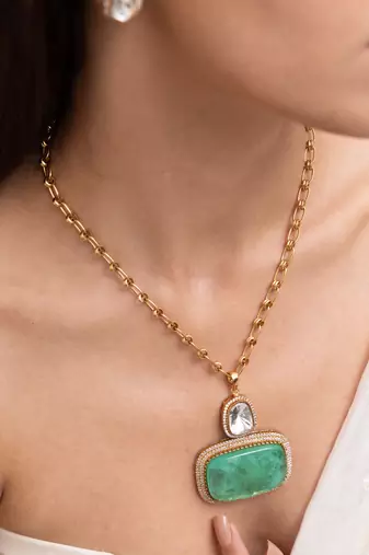 Gold plated green kundan necklace set