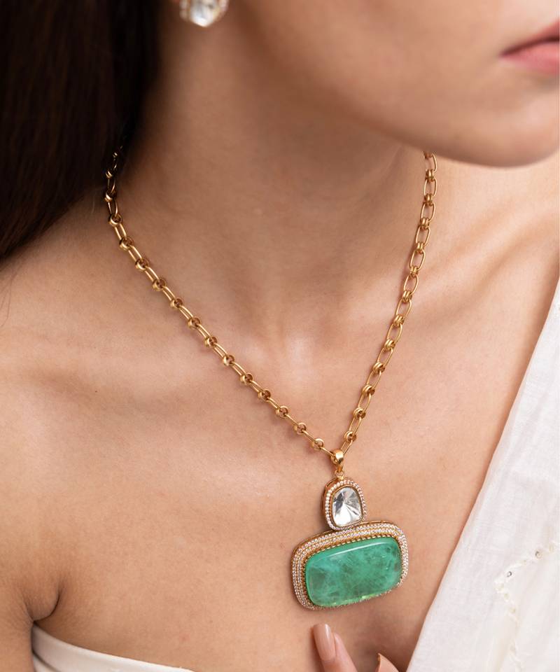 Gold plated green kundan necklace set