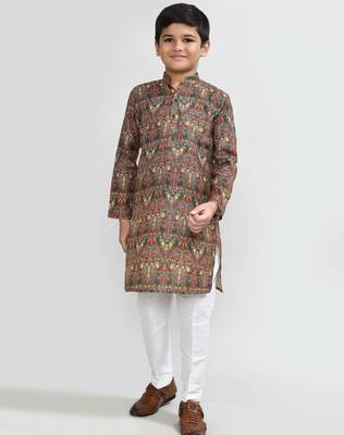 Kids boy Brown cotton straight kurta pant set 3