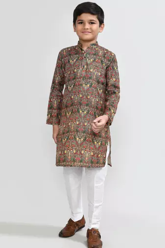 Kids boy Brown cotton straight kurta pant set