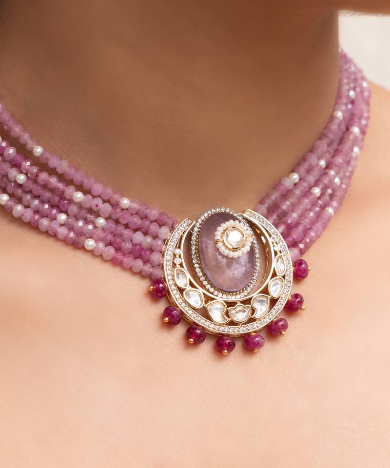 Rose gold plated kundan necklace set