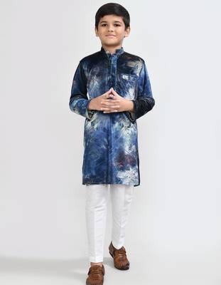 Kids boy teal blue velvet straight kurta pant set 1