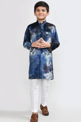 Kids boy teal blue velvet straight kurta pant set