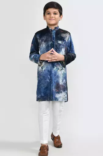 Kids boy teal blue velvet straight kurta pant set